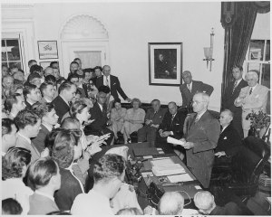 Truman Oval Office announcing surrender of Japan